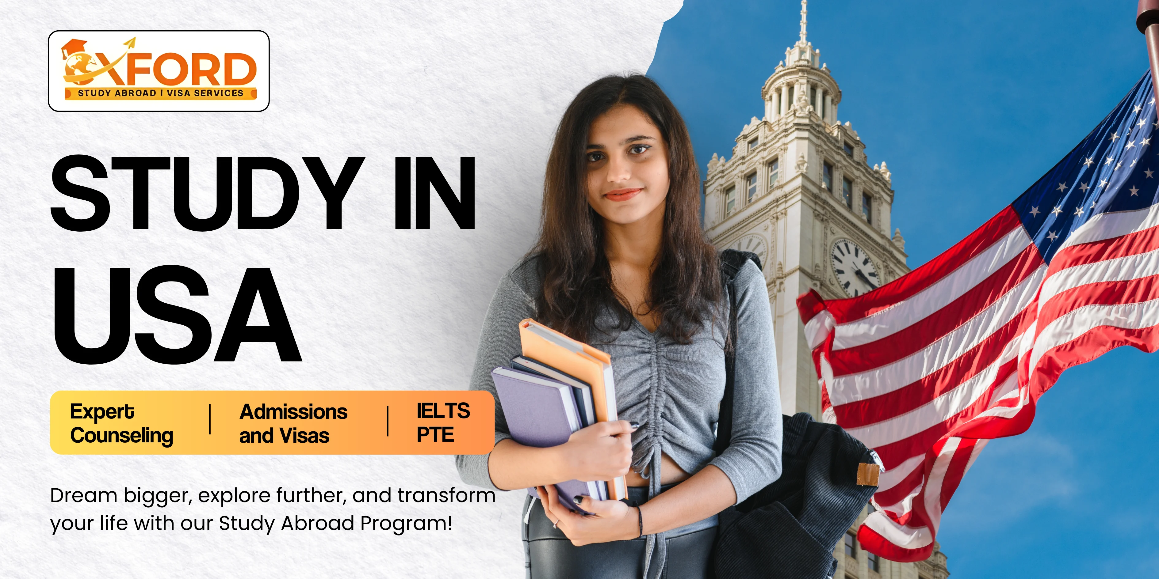 Study In USA –  expert counseling, admissions, visas, and IELTS/PTE